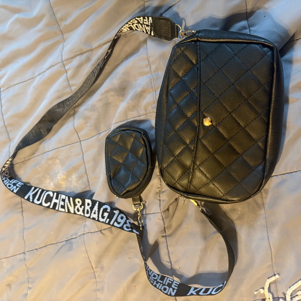 Black Quilted Crossbody Bag with Logo Strap